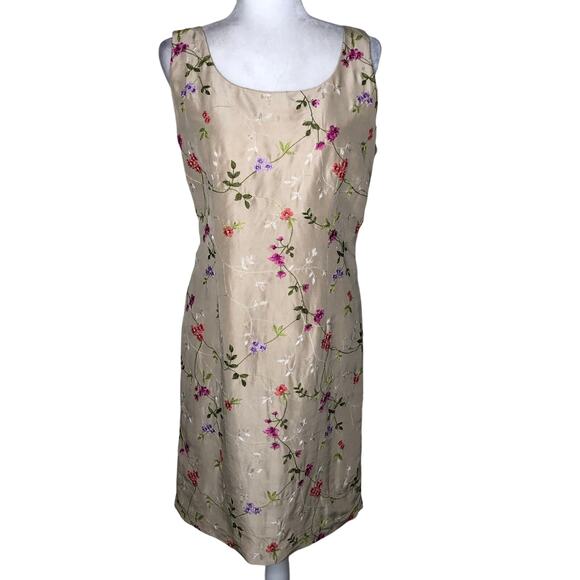 Vtg 100% Silk Embroidered Sleeveless Shift Dress Tan Sz: 12 Beaded Floral - Picture 1 of 16